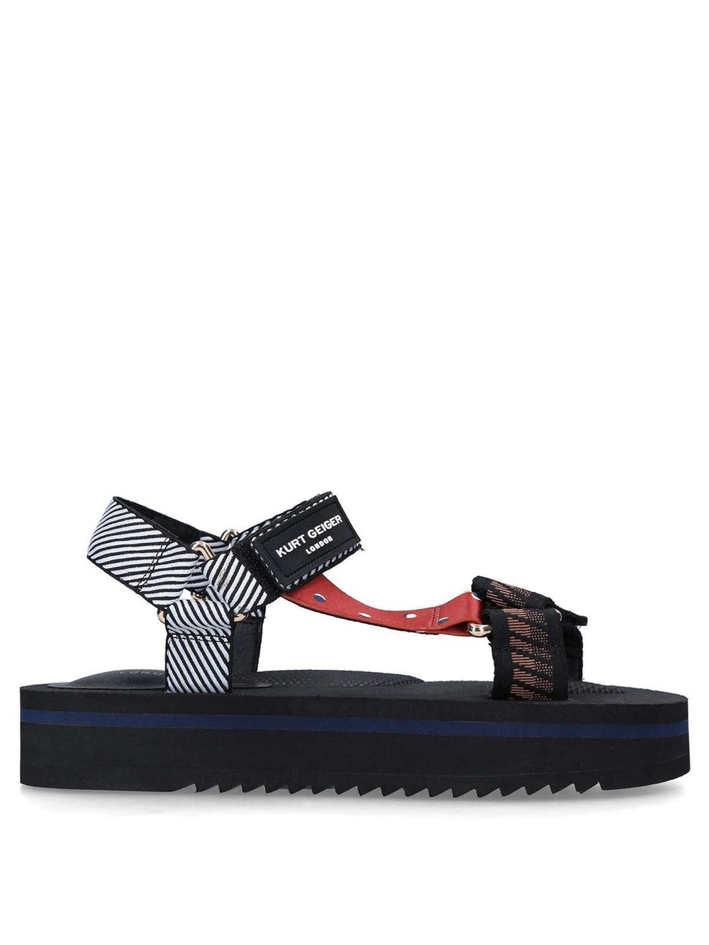 Kurt Geiger Black & White Sandal with Blue Stripe and Red Accent